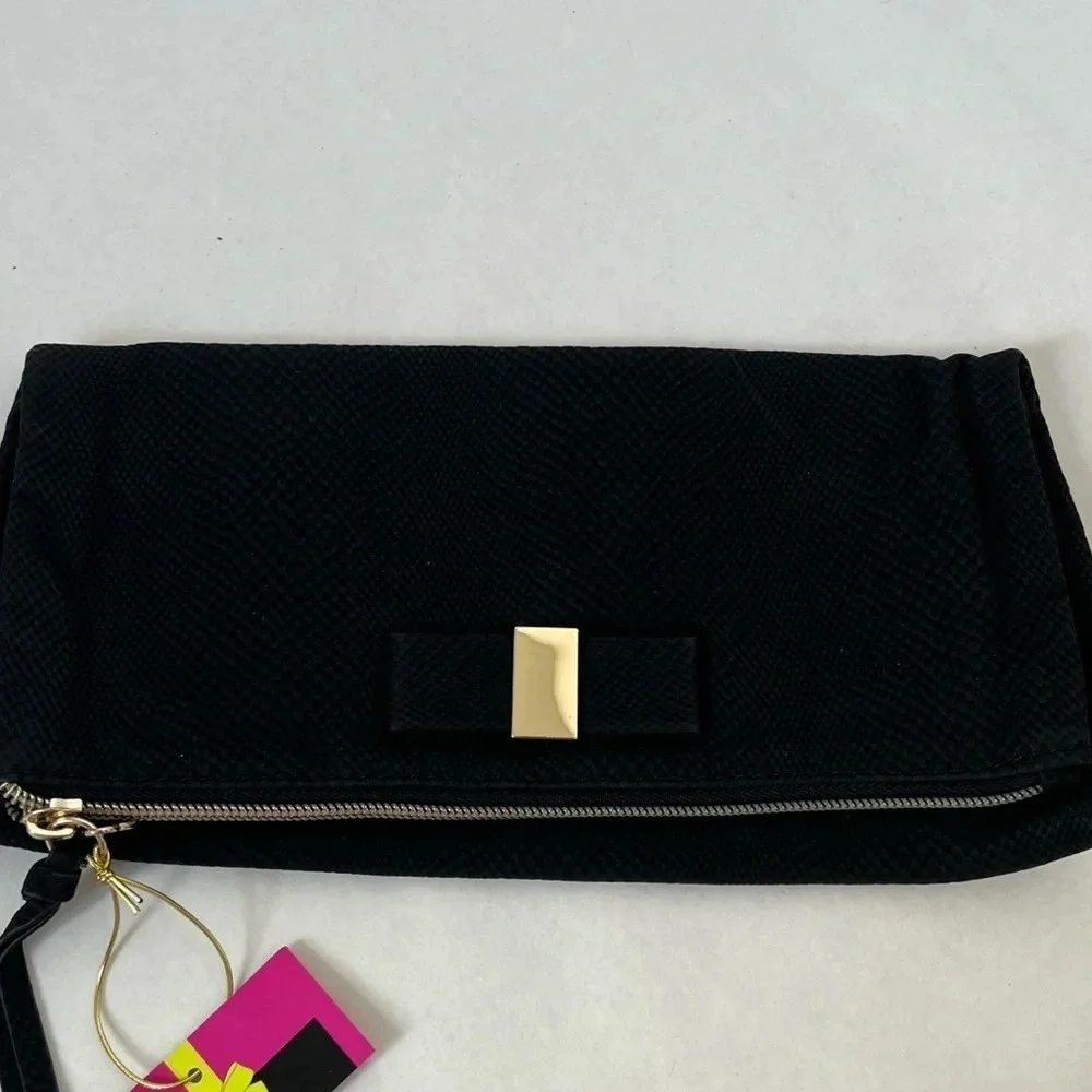Victoria Secret Fold-Over Classic Black With Bow Wristlet Clutch Bag NWT
